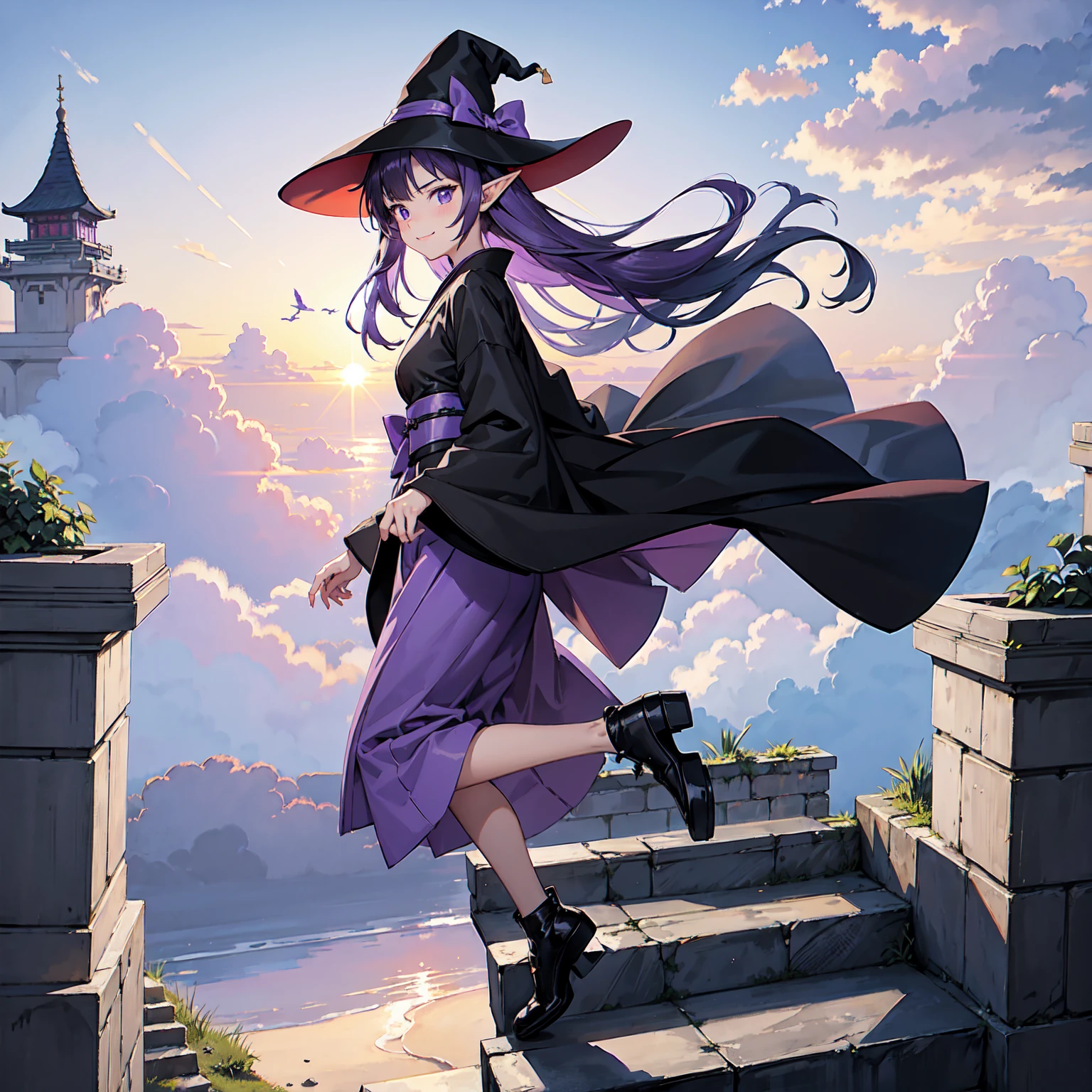 A girl with long violet-purple hair. A gentle, full smile. Pointy elf ears. Her clothes are simple: a black robe with wide sleeves and a black miniskirt. Her knees are showing. The front has a V-shaped white insert like a kimono. A witch's hat with purple ribbons on either side. Gentle face. Black boots. Background, bright painting, Makoto Shinkai, endless stairs only, floating long stairs, floating stairs in the air, stairs above clouds, illustration, nostalgic, vivid, above clouds, bright, fresh, sunset. A maze of connected stairs.