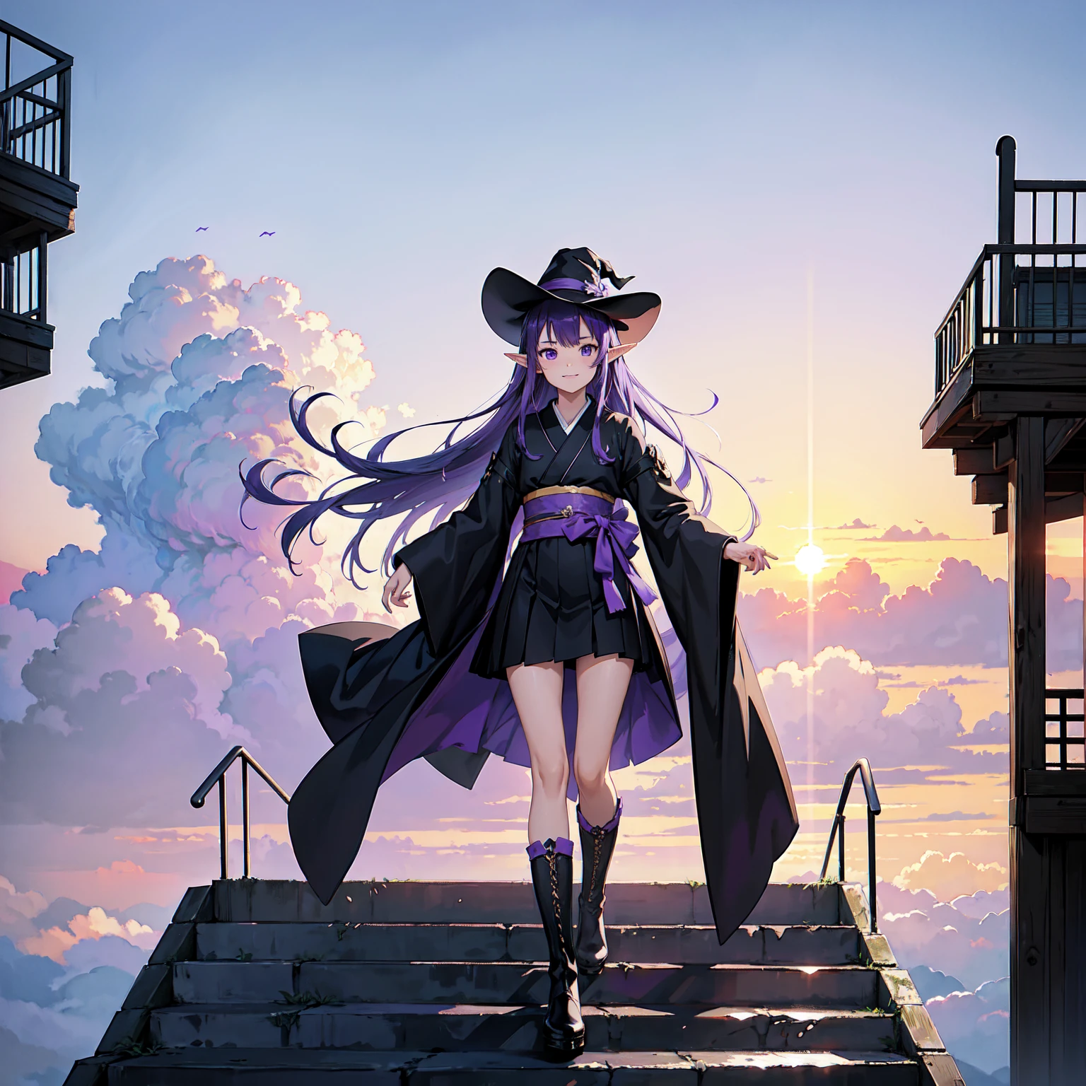A girl with long violet-purple hair. A gentle, full smile. Pointy elf ears. Her clothes are simple: a black robe with wide sleeves and a black miniskirt. Her knees are showing. The front has a V-shaped white insert like a kimono. A witch's hat with purple ribbons on either side. Gentle face. Black boots. Background, bright painting, Makoto Shinkai, endless stairs only, floating long stairs, floating stairs in the air, stairs above clouds, illustration, nostalgic, vivid, above clouds, bright, fresh, sunset. A maze of connected stairs.