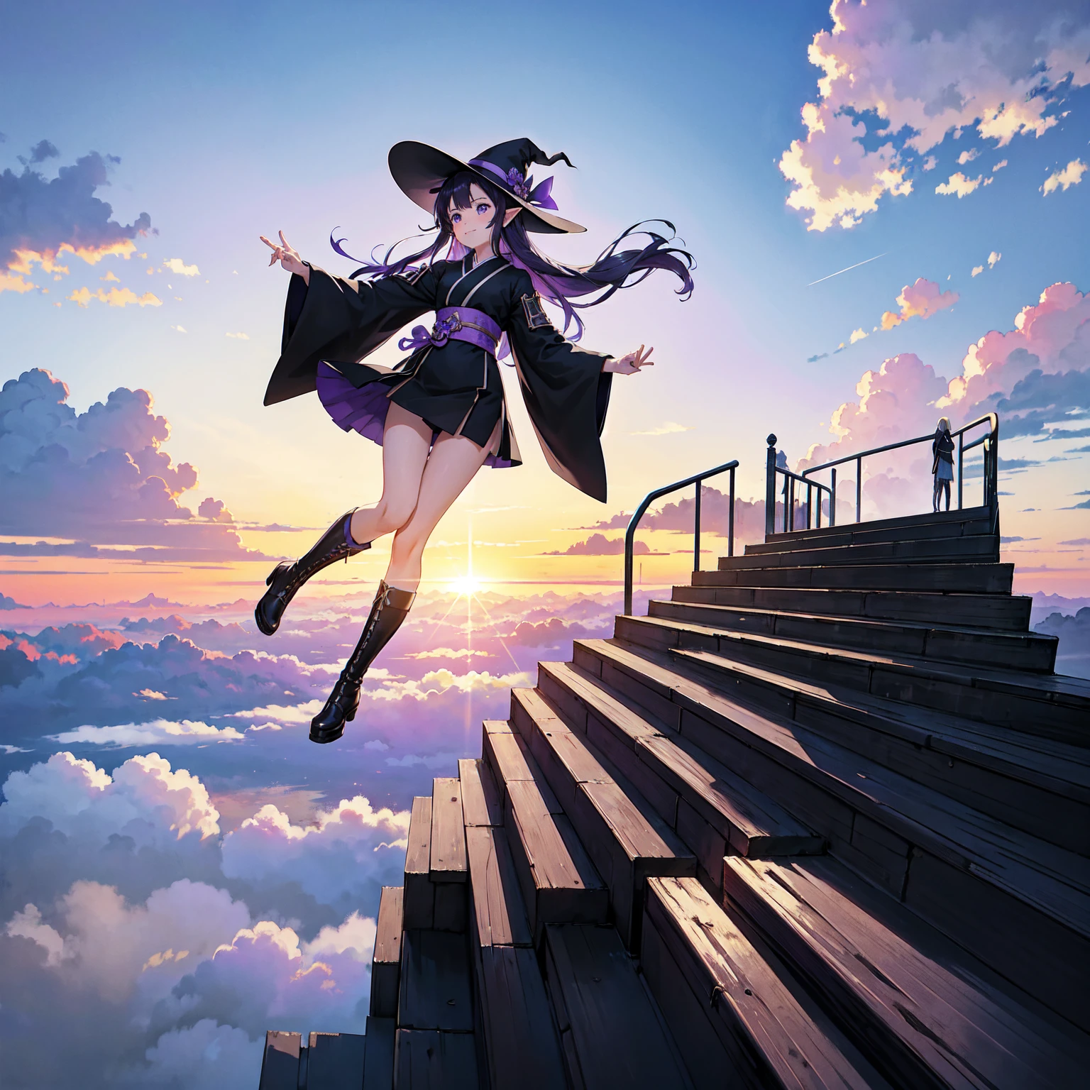 A girl with long violet-purple hair. A gentle, full smile. Pointy elf ears. Her clothes are simple: a black robe with wide sleeves and a black miniskirt. Her knees are showing. The front has a V-shaped white insert like a kimono. A witch's hat with purple ribbons on either side. Gentle face. Black boots. Background, bright painting, Makoto Shinkai, endless stairs only, floating long stairs, floating stairs in the air, stairs above clouds, illustration, nostalgic, vivid, above clouds, bright, fresh, sunset. A maze of connected stairs.