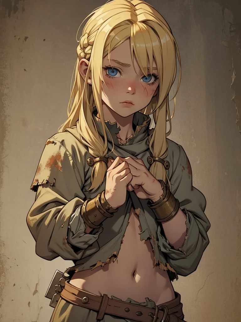 Young viking child with blonde hair dressed in tattered clothing. She has shackles on her wrists & her body has cuts and bruises. Fantasy. Dnd character.