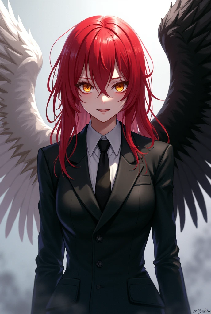 corrupted angel with red hair golden eyes,black suit, smile, with one white wing and the other black, anime man