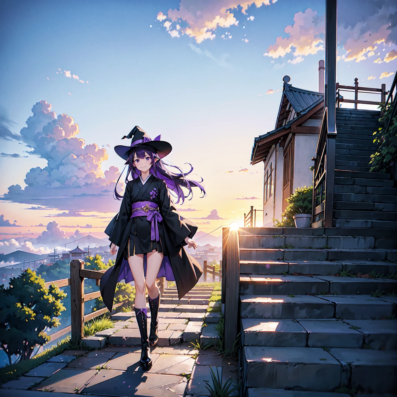 A girl with long violet-purple hair. A gentle, full smile. Pointy elf ears. Her clothes are simple: a black robe with wide sleeves and a black miniskirt. Her knees are showing. The front has a V-shaped white insert like a kimono. A witch's hat with purple ribbons on either side. Gentle face. Black boots. Background, bright painting, Makoto Shinkai, endless stairs only, floating long stairs, floating stairs in the air, stairs above clouds, illustration, nostalgic, vivid, above clouds, bright, fresh, sunset. A maze of connected stairs.