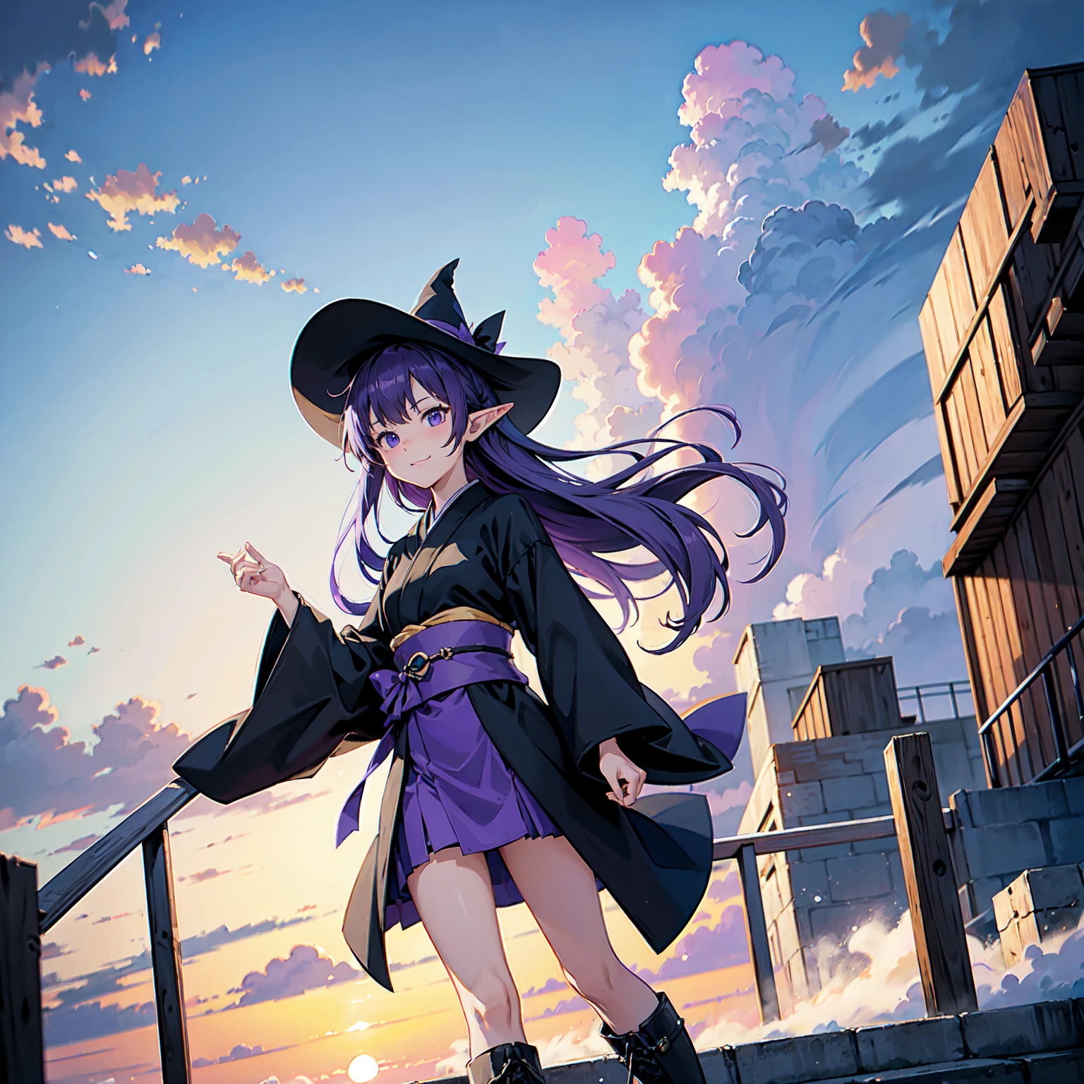 A girl with long violet-purple hair. A gentle, full smile. Pointy elf ears. Her clothes are simple: a black robe with wide sleeves and a black miniskirt. Her knees are showing. The front has a V-shaped white insert like a kimono. A witch's hat with purple ribbons on either side. Gentle face. Black boots. Background, bright painting, Makoto Shinkai, endless stairs only, floating long stairs, floating stairs in the air, stairs above clouds, illustration, nostalgic, vivid, above clouds, bright, fresh, sunset. A maze of connected stairs.