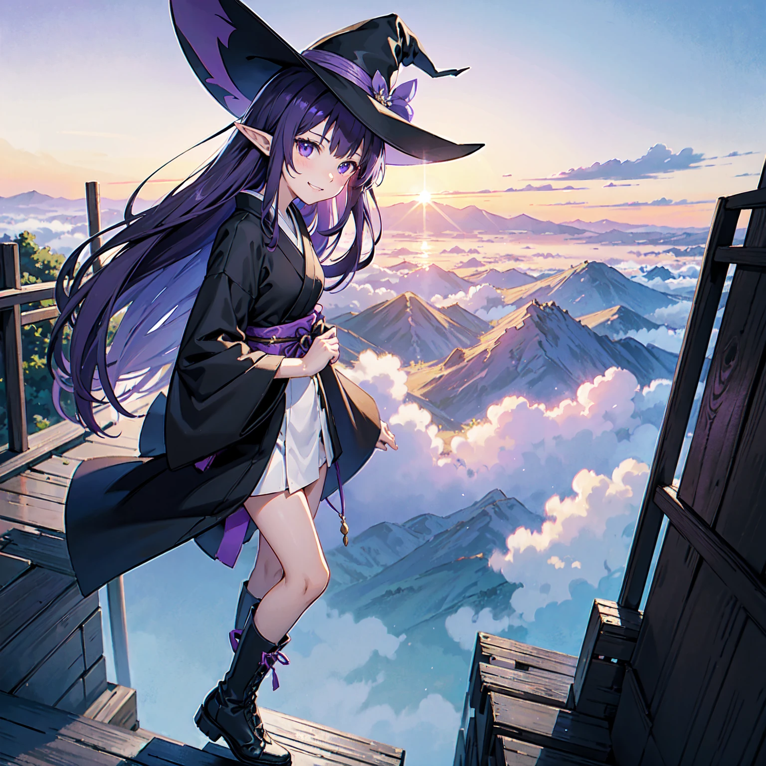 A girl with long violet-purple hair. A gentle, full smile. Pointy elf ears. Her clothes are simple: a black robe with wide sleeves and a black miniskirt. Her knees are showing. The front has a V-shaped white insert like a kimono. A witch's hat with purple ribbons on either side. Gentle face. Black boots. Background, bright painting, Makoto Shinkai, endless stairs only, floating long stairs, floating stairs in the air, stairs above clouds, illustration, nostalgic, vivid, above clouds, bright, fresh, sunset. A maze of connected stairs.