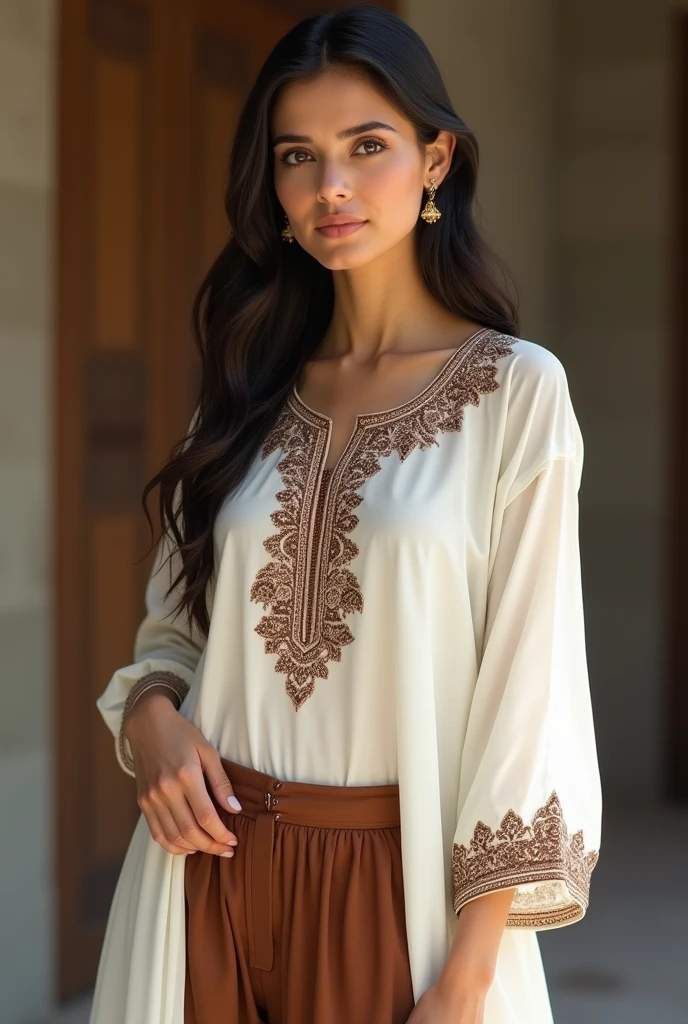 A woman in white Arabian kurti in Indian style brown print on neck and brown pant posing in front of camera realistic and master piece more print