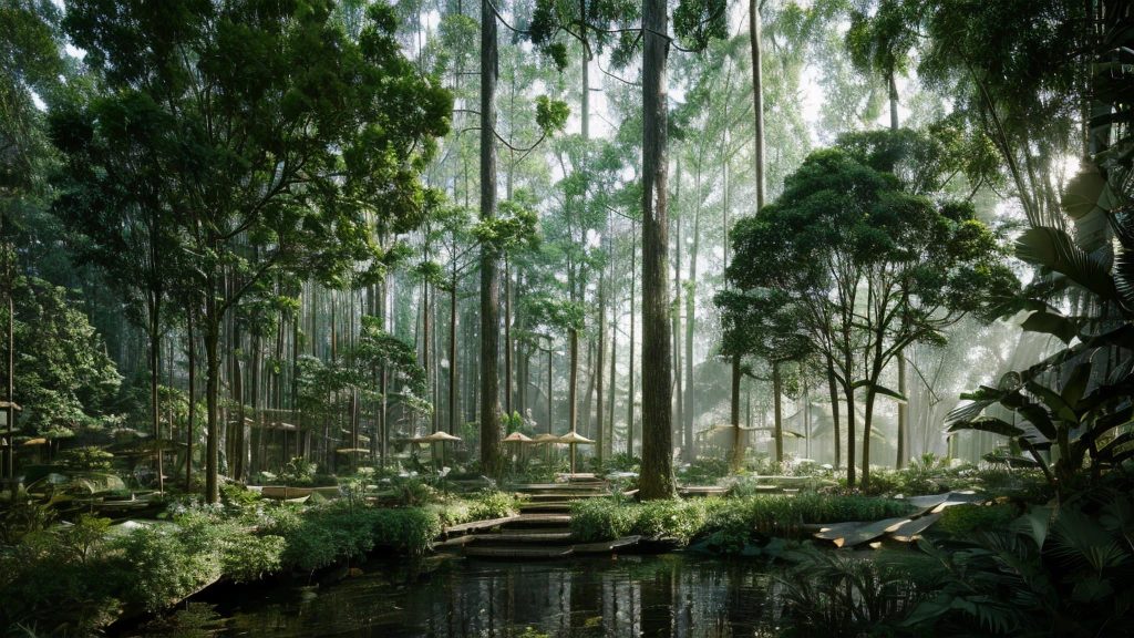 A lush, verdant forest with towering trees, dense foliage, and a meandering stream, sunbeams filtering through the canopy, photorealistic, hyper-detailed, 8k, HDR, physically-based rendering, masterpiece, cinematic lighting, dramatic shadows, vibrant colors, serene atmosphere