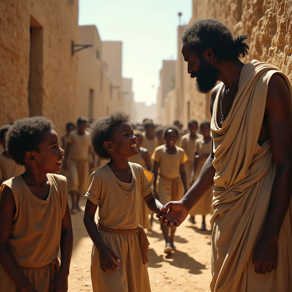 (Biblical masterpiece) black children, Hebrews, playing with an ugly African man Jesus, black, In the streets of mud houses in Jerusalem, 8K