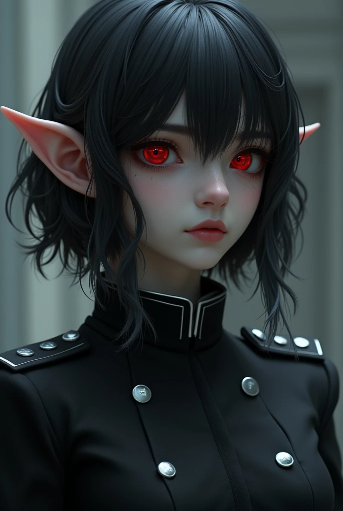 She is a 22 year old girl with elf ears, one small fangs, blood-colored eyes and pupils similar to those of wolves, hair black as night,but with silver locks, short to the neck and wavy. an all-black military suit, a cold and serious personality