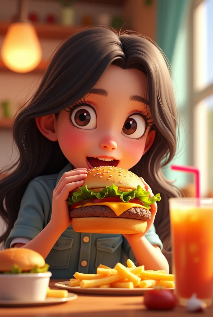 (best quality,4k,8k,highres,masterpiece:1.2),ultra-detailed,(realistic,photorealistic,photo-realistic:1.37),1girl,dark blonde,eating a burger,hungry,DIsney Cartoon,Pixar style,3D rendering,Disney,illustration,playful,colorful,sparkling colors,happy atmosphere,toon shading,detailed hand-drawn lines,soft shadows, vibrant lighting,Cheerful music,funny expressions,whimsical background,fantastic scenery,juicy and appetizing burger,meticulously crafted burger ingredients,golden sesame seed buns,crisp lettuce,fresh tomatoes,melting cheese,succulent beef patty,crunchy pickles,savoury sauces,crispy fries,refreshing fizzy drinks,wide-eyed,expressive eyes,delightful smile,enthusiastic eating gestures,joyful and lively scene