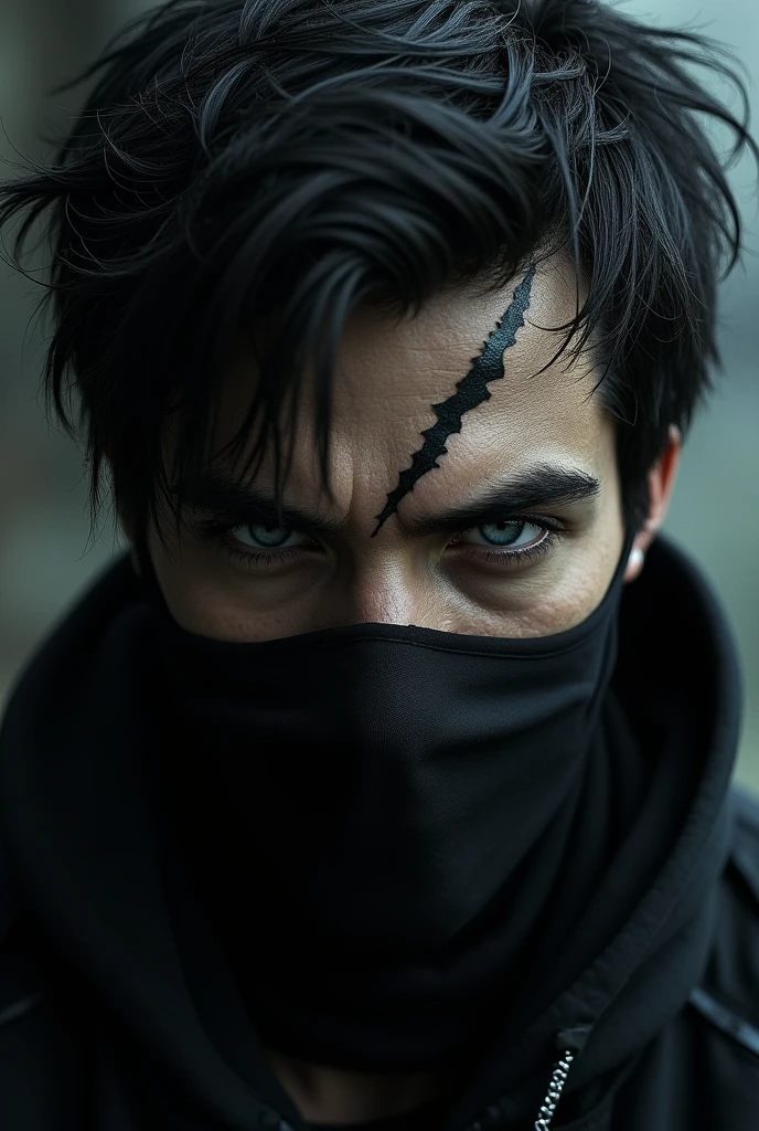 Dark young man, black hair with a small white streak. He wears a mask covering his nose and mouth. There is a deep scar on his left eye and it is clear that this eye is blind because its iris is white and opaque.. The right eye has a completely black iris.. PICTURE REALISTIC.