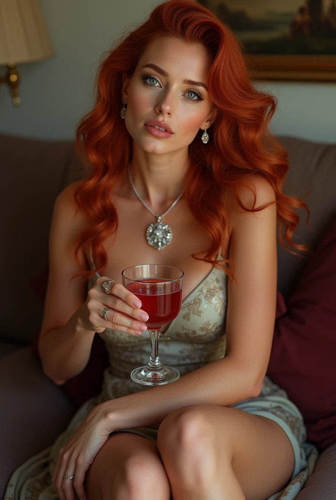 (Realistic photo of a beautiful woman, full body picture, legs, 35 years old, grey eyes, full full lips, red hair, long curly hair, curls, tanned skin, jewellery, realistic, soft lighting, professional photography, photorealistic, detailed, RAW, sharp focus, ultra-high resolution, best quality, masterpiece, (best quality, high-resolution, ultra-detailed:1. 2), HDR, bright colours, curvy, sexy, earrings, evening gown, drink, long legs