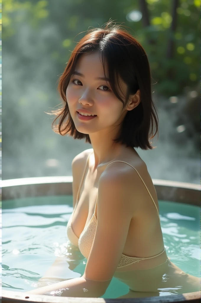 (Highest quality:1.2), (masterpiece:1.2), whole body, Very detailed, High resolution, 8k, ((1 girl)), Cute Japanese Woman, Cute 24 year old beauty, The body is slim, (slightly saggy Medium chest), Thin lips, Detailed face, Beautiful and elegant face, Cute Face, Natural Bangs, Arched eyebrows, well-groomed eyebrows, (large eyes balanced on the left and right sides,), Cute eyes, Beautiful Eyes, Beautiful thin nose, Beautiful face line, (Beautiful Skin), Medium Hair, Medium Bob Hair, Natural Bangs, Slim face, Slim figure, (Looking at the camera with a gentle smile), Beautiful feet, Smooth Skin, Slim and beautiful thighs, ((Wearing a random color micro bikini with lace)), Side tie panties, Cute, sexy, slim 24 year old woman, Fair skin , Beautiful breasts, Medium chest, Type I Valley, Cleavage, Sexy micro bikini with lace, (Step into the water), Sexy pose, (hot spring), (Best lighting:1.5), (腰までhot springに浸かる), (Cypress bath), Shimizu, Big bath,
