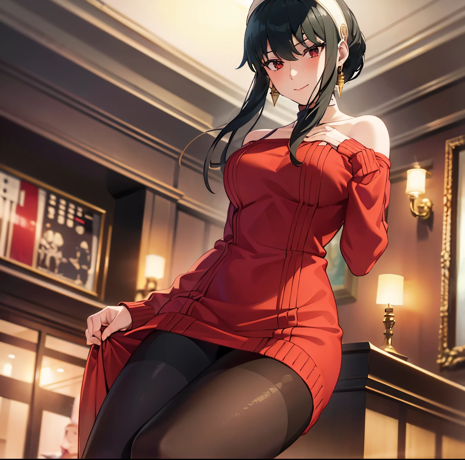((1girl)),((alone)),Yor forger,(masterpiece), (best quality), (ultra detailed), (best illustration), (best shadow), (absurdities), sharp focus, cowboy photo , mature woman, looking at viewer, big breasts, narrow waist, wide hips, wide thighs, round butt, dynamic posture, white headband, red eyes, black hair, short hair, hair with two long strands, gold earrings, jewelry, shoulders bare, collarbone, (red sweater, sweater dress: 1.1), bare back, long sleeves, (black pantyhose: 1.2), red heels, seductive smile, closed mouth, ( pose: 1.2), alone, standing: 1.3, outside ,night,cityscape, city,streets,city lights,looking forward, ((focus on panties)), pov (from below), red blush, perfect anatomy, perfect hands