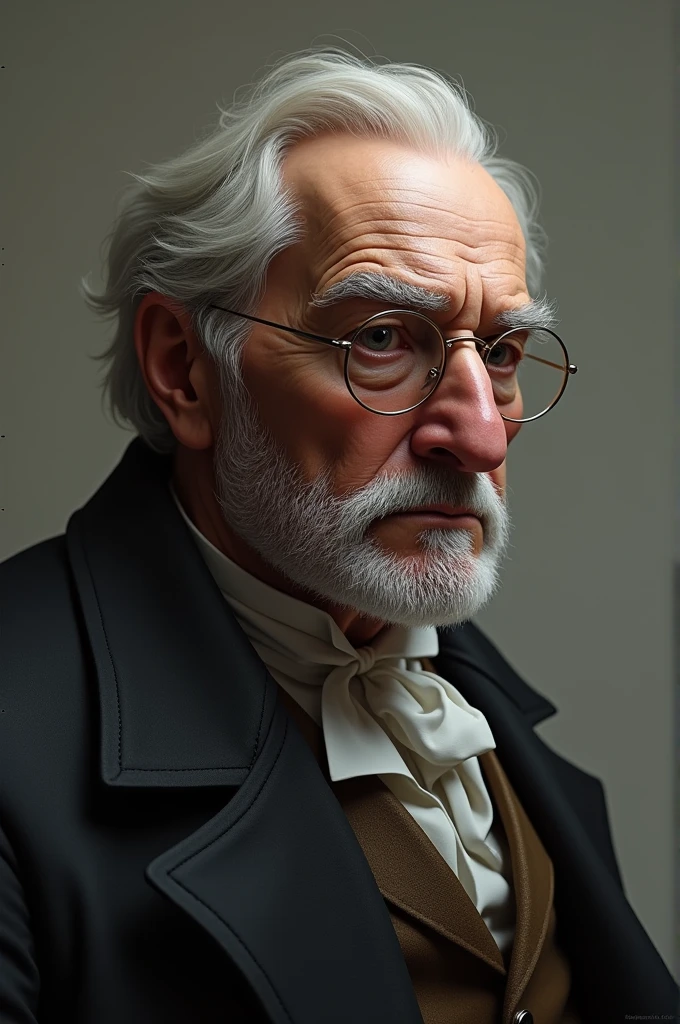 Old man with a Greek nose, no beard and with a lens looking in profile