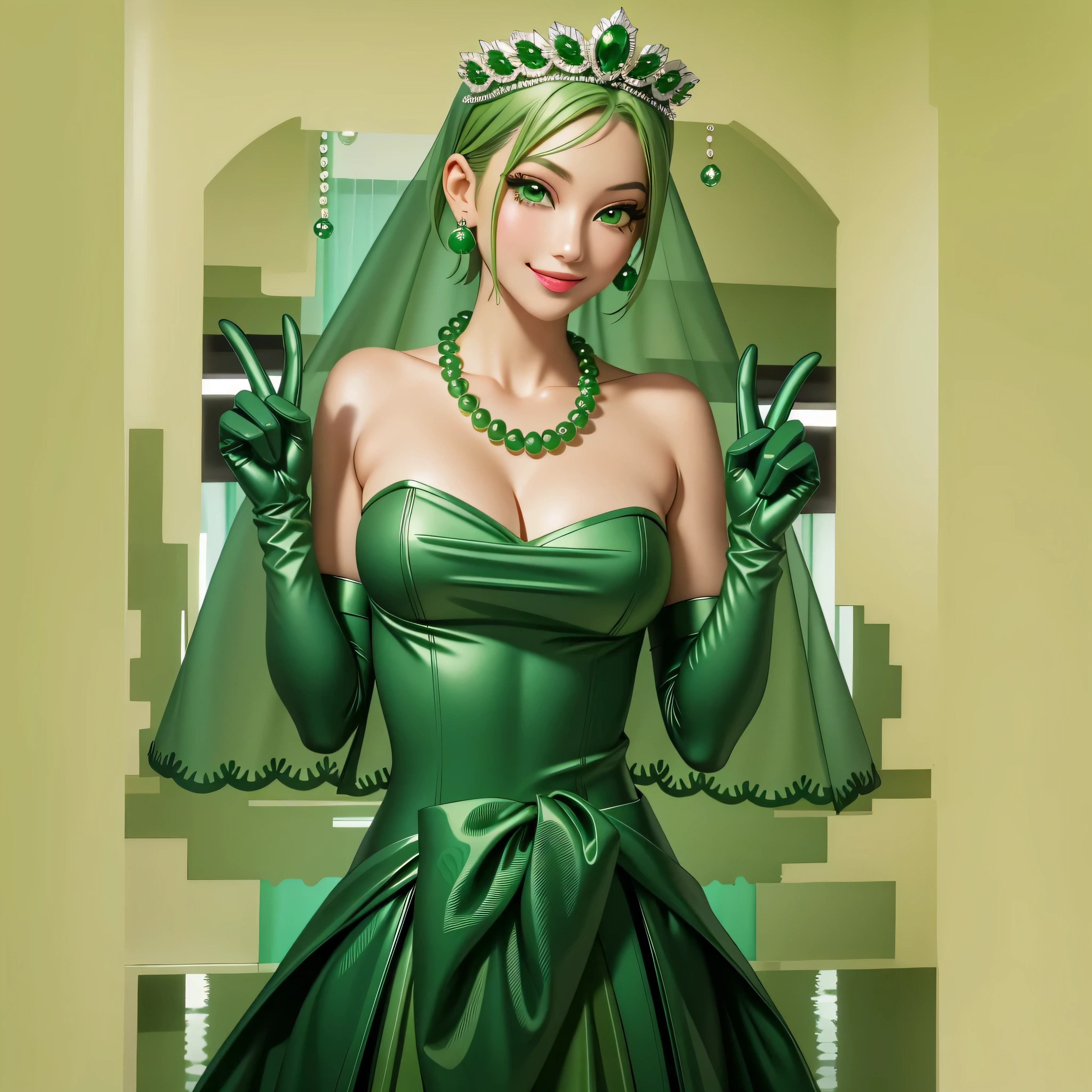 Emerald tiara, Green Pearl Necklace, Boyish very short green hair, Green Lips, Smiling Japanese woman, Very short hair, Busty beautiful lady, Green Eyes, Green satin long gloves, Green Eyes, Emerald Earrings, Green veil, all, Green Hair, Beautiful Japanese Woman, green lip gloss