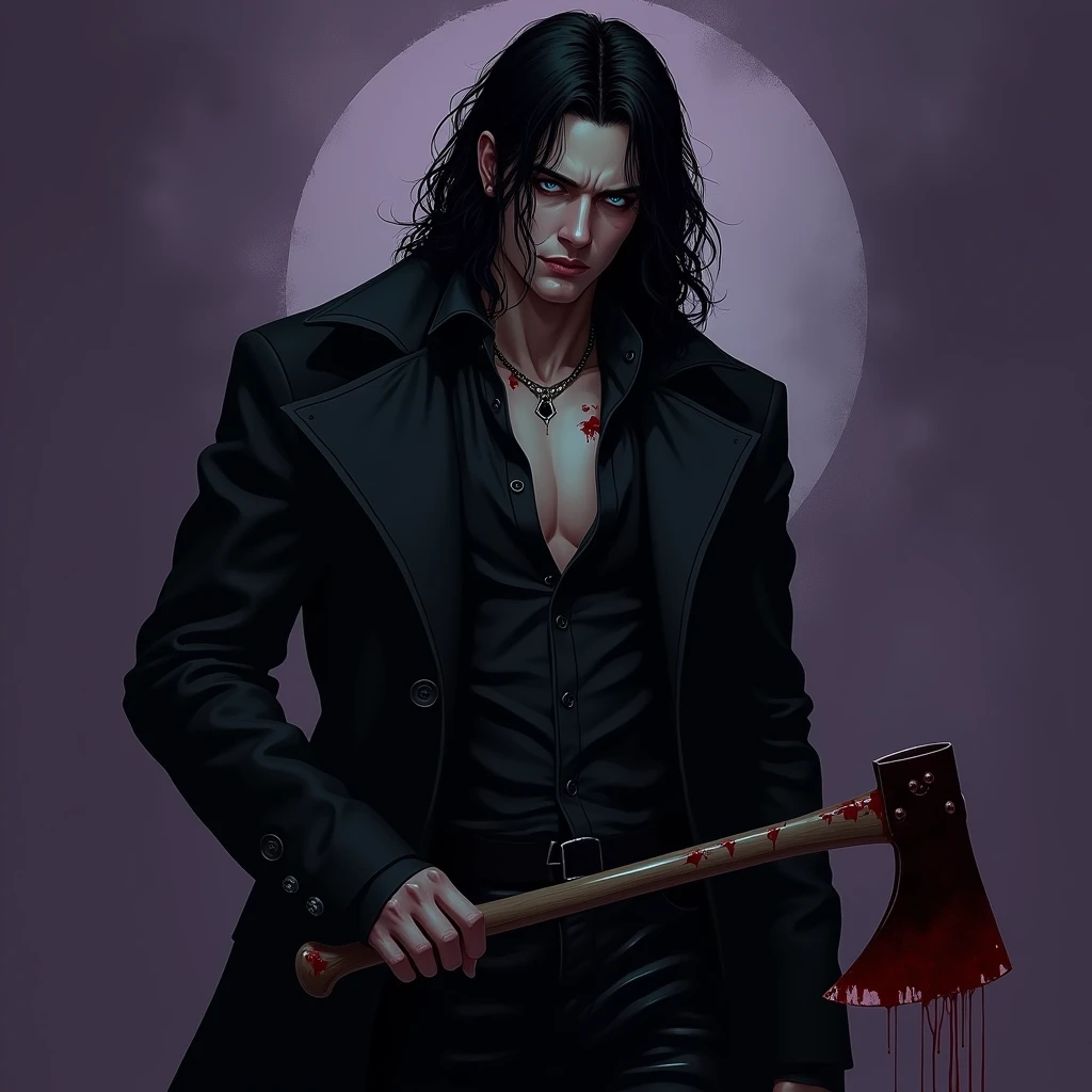 A sexy male with black long hair, teal blue eyes, and delicate facial features. He is wearing a black trench coat and black shiny leather jeans. He has a bloody axe in his hand. Blood splattered on his clothes. He is a wanted serial killer. (No facial hair) (no body hair) (black and purple) (gloomy atmosphere) (Mysterious atmosphere) (((male))) (((a seductive male))) ((best quality)), ((masterpiece)), (detailed). (no facial or body hair) (((MALE))) ((((BOY)))) (Make it realistic) ((Make it a sexy male)