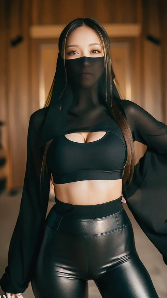 （lifelike， high - resolution：1.3），full body , 1 girl with a perfect body， Super fine face and eyes，slong hair， midriff of black colors：1.2， black shiny leggings，face veil,   big boob，Expose cleavage, ninja pose.