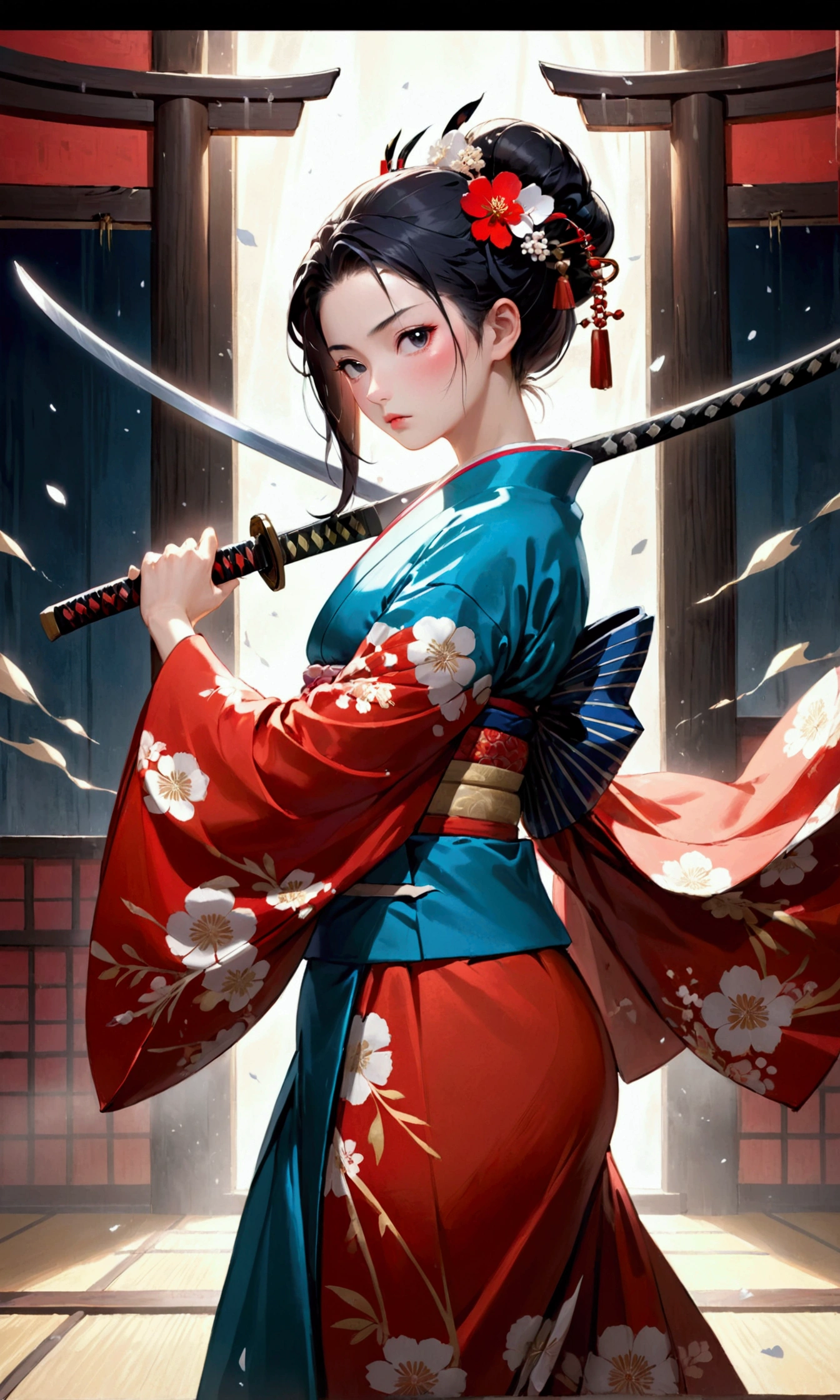 Geisha amidst striking kabuki theatre backdrop, her delicate hands grasping gleaming katana, frozen in mid-air combat, posing dramatically under soft, warm, cinematic lighting, with sharp dramatic shadows, moisture and atmosphere evident, her traditional Japanese kimono intricately detailed, torn and tattered, revealing subtle glimpses of the intensely focused warrior beneath, rendered in high-quality, cinematic, 35mm film-inspired, photorealistic style, reminiscent of the dramatic sensibilities of Akira Kurosawa, infused with subtle film grain, a vignette softly framing the subject, crisply detailed, colorful and beautifully post-processed