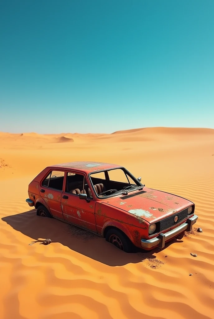 Make a car "Palio 2008 fire" rusted in the Sahara desert 