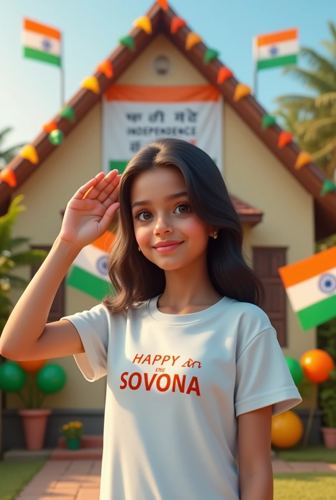 A real 20 year old girl , wearing a white "Sovona" T-shirt stands in front of a house decorated with Indian flags and tricolor balloons, saluting for an upcoming Independence Day celebration. The house has a large banner that reads "HAPPY INDEPENDENCE DAY 2024 and make sure text should be correct.