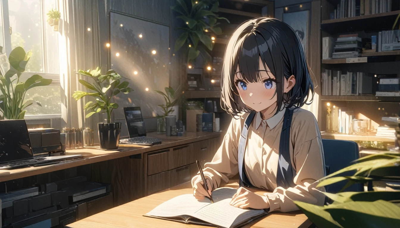 ((ultra-detailed))/three women: (one women with short black hair and bob hair.、beautiful blue eyes,.、smile、gentle smile on her face、flat chest, one Beautiful girl,((masterpiece, illustration, best quality) ((ultra-detailed))/),a girl studying in herbedroom with her office space during day time and have some plants in the background,濃い青とBeautiful Blueのグラデーション, High resolution, 8K HD detail, hyper-detail, cinematic, surrealism, soft light, deep field focus bokeh, ray tracing and surrealism. --v6