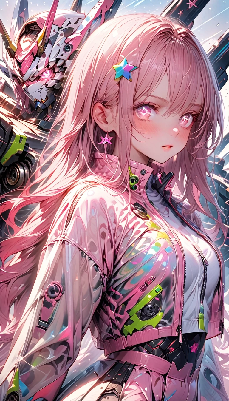 ((masterpiece))) whole body, whole body Shot (One Girl) ((Pink Hair, Long Hair, Straight hair, Both sides up))), ((Green Eyes))), eye shadow, eyeliner, Glow Eye, Hyper Detail Eye, Complex eyes, Beautiful Eyes, Detailed eyes, (((Star-shaped pupils, Shining pink eyes))) 18-year-old girl. (Wearing a transparent PVC jacket)) huge cool weapon mechanical in hand, huge cool weapon mechanical, Mecha, Mechaanism, mechanical, Open Stance, Coalesce(Realistic skin texture:1.3), rtrophto1