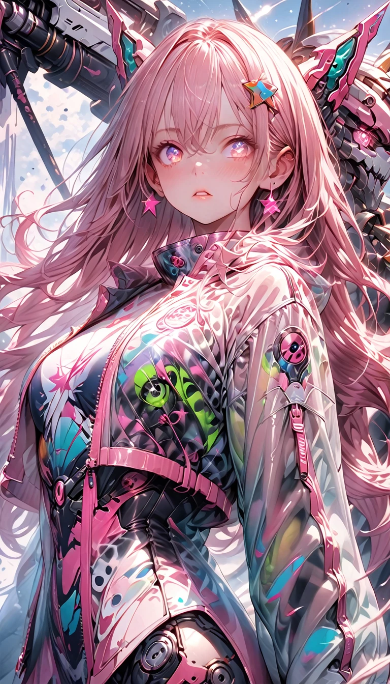 ((masterpiece))) whole body, whole body Shot (One Girl) ((Pink Hair, Long Hair, Straight hair, Both sides up))), ((Green Eyes))), eye shadow, eyeliner, Glow Eye, Hyper Detail Eye, Complex eyes, Beautiful Eyes, Detailed eyes, (((Star-shaped pupils, Shining pink eyes))) 18-year-old girl. (Wearing a transparent PVC jacket)) huge cool weapon mechanical in hand, huge cool weapon mechanical, Mecha, Mechaanism, mechanical, Open Stance, Coalesce(Realistic skin texture:1.3), rtrophto1