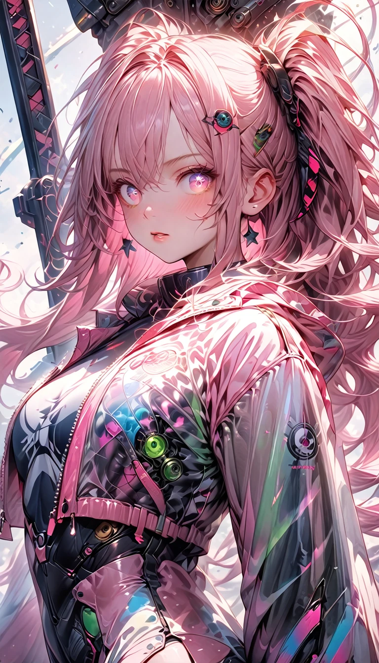 ((masterpiece))) whole body, whole body Shot (One Girl) ((Pink Hair, Long Hair, Straight hair, Both sides up))), ((Green Eyes))), eye shadow, eyeliner, Glow Eye, Hyper Detail Eye, Complex eyes, Beautiful Eyes, Detailed eyes, (((Star-shaped pupils, Shining pink eyes))) 18-year-old girl. (Wearing a transparent PVC jacket)) huge cool weapon mechanical in hand, huge cool weapon mechanical, Mecha, Mechaanism, mechanical, Open Stance, Coalesce(Realistic skin texture:1.3), rtrophto1