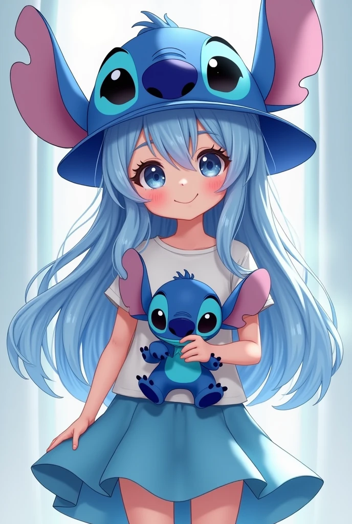 ung girl, con un gorro de stich, her stich t-shirt, light blue skirt, in her hand a stich plushie, light blue hair, long and fringed.