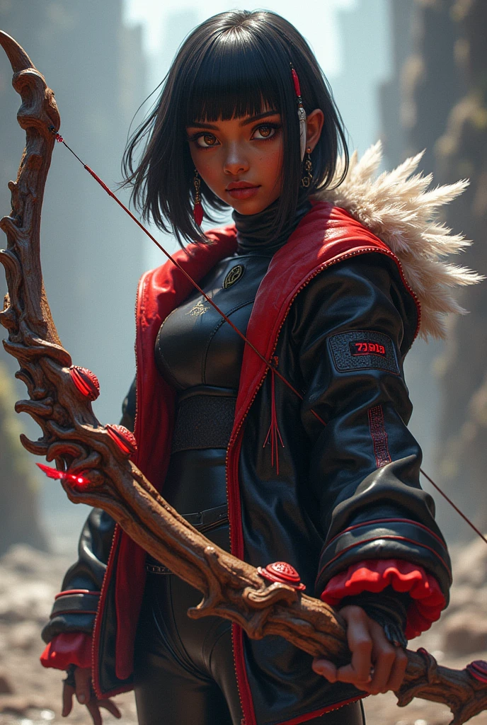 create a full body valorant game style art image, dark-skinned, indigenous traits, with straight short black hair, bangs and red highlights, light brown slanted eyes, with a feather earring and a wetsuit-like outfit and a black and red jacket with feathers, holding a bow with red LED and carved wood details
