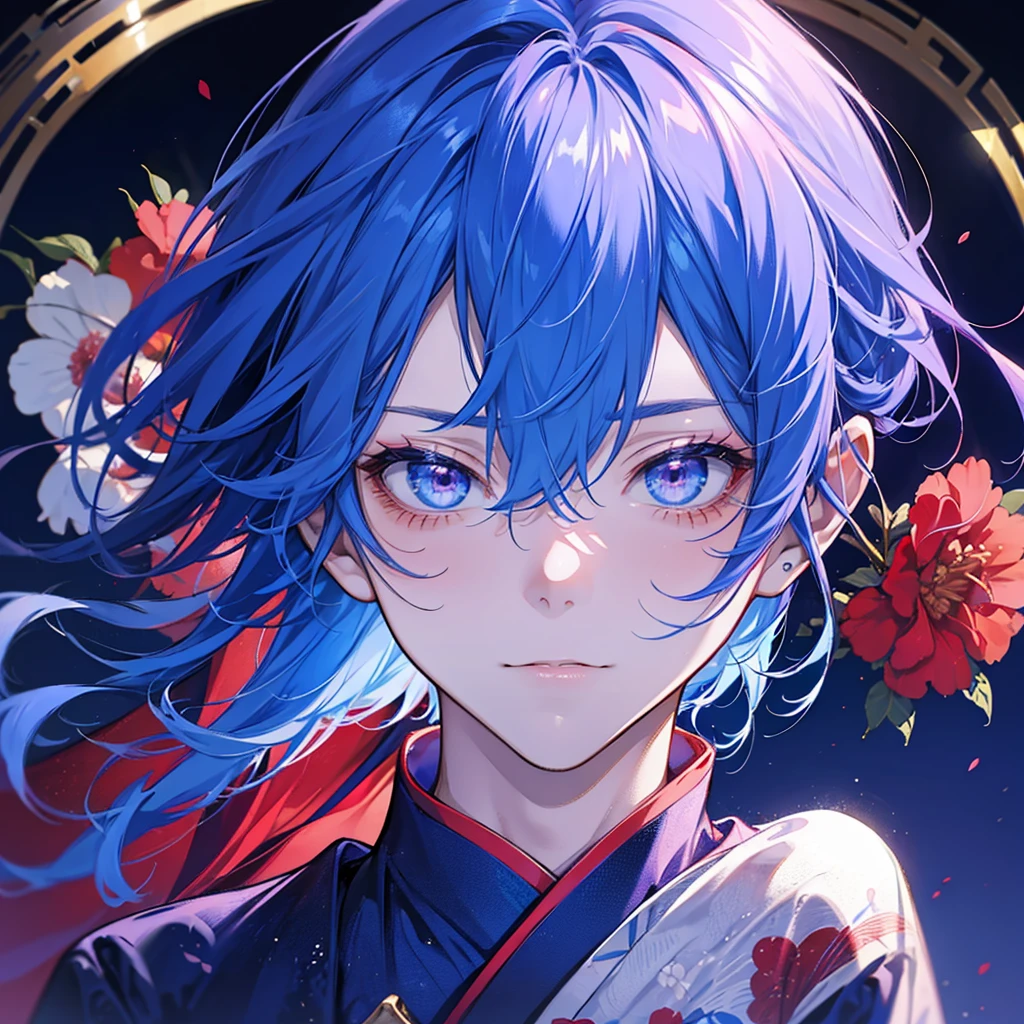 Man, handsome, refreshing, blue hair, red demon-like horns, gentle eyes, blue yukata, one purple hair
