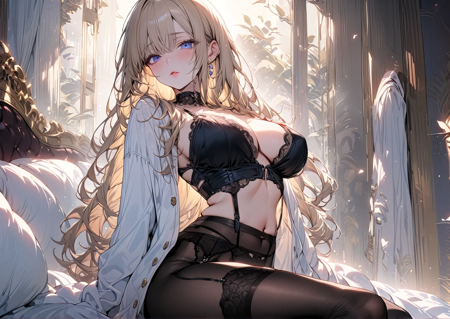 ((Highest quality, Very delicate,8k,masterpiece)), (Sexy pose:1.2,Sitting ), (Beautiful blue eyes with highlights:1.3, A face with attention to detail),  One person, whole body, Alluring, Beautiful long blonde hair, Very large breasts, A Bra in the Making, Frivolous look, buttoned red negligee jacket, close, Pink Lips, Warm Light, Open the thighs, garter belt, Juicy Tights,