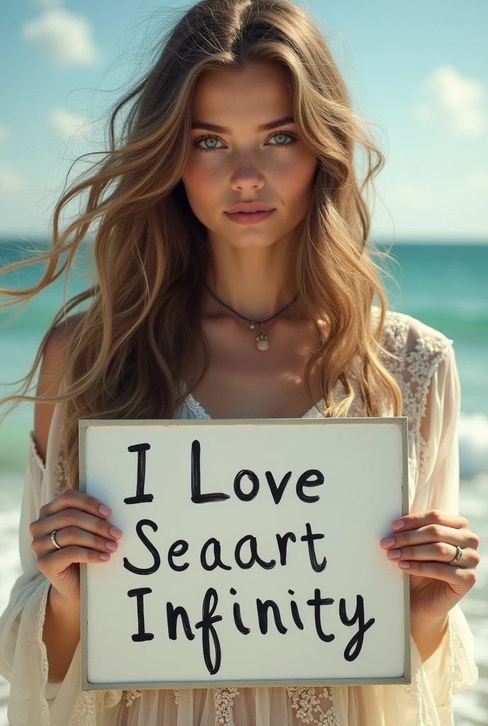 Beautiful girl with wavy long hair, bohemian dress, holding a white board with text "I Love Seaart Infinity" and showing it to the viewer