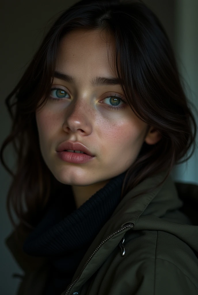 Closeup, A 23 yo woman, dark theme, soothing tones, muted colors, jacket, could season, fashion, high contrast, (natural skin texture, hyperrealism, soft light, sharp), upper body, in school, Negative,