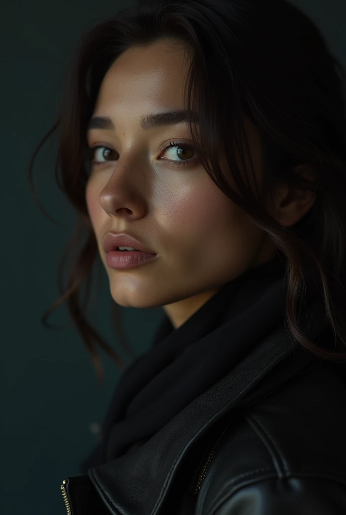 Closeup, A 23 yo woman, dark theme, soothing tones, muted colors, jacket, could season, fashion, high contrast, (natural skin texture, hyperrealism, soft light, sharp), upper body, in school, Negative,