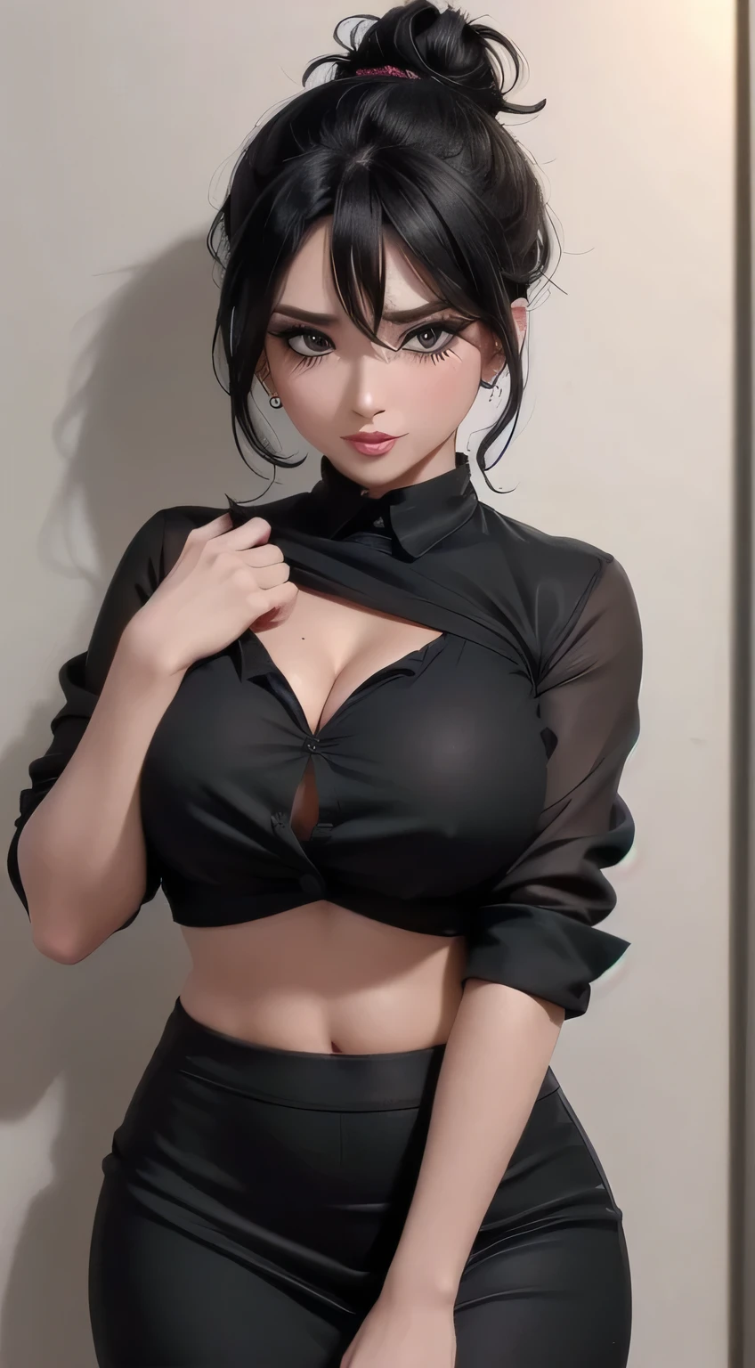 Sexy woman, black hair tied in a messy bun, amazing makeup, blushing intensely, flustered, lustful, perfect lips parted, black blouse, sheer dark green saree, hot