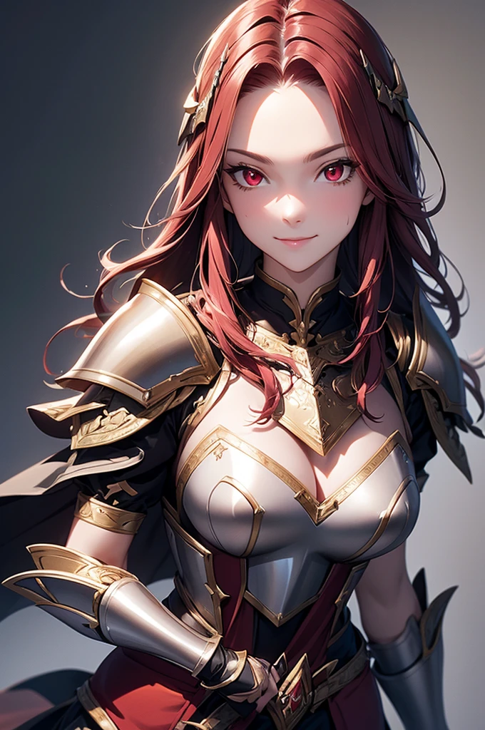 masterpiece,best quality,extremely detailed CG,ultra-detailed,1woman,fantasy,general,swordfighter,evil smile,elaborately designed plate armor,forehead protector,dark red eyes,circlet,