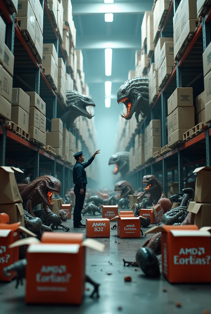 Imagine a warehouse full of AMD processors neatly stacked on shelves. In the foreground, a few open surprise boxes are spilling out, and from these boxes, various fantastical monsters are emerging. These creatures are hungrily chewing on and attacking the processors, creating a chaotic scene. Off to the side, a security guard in uniform, looking both alarmed and bewildered, is discreetly watching the mayhem unfold while frantically calling for help.
