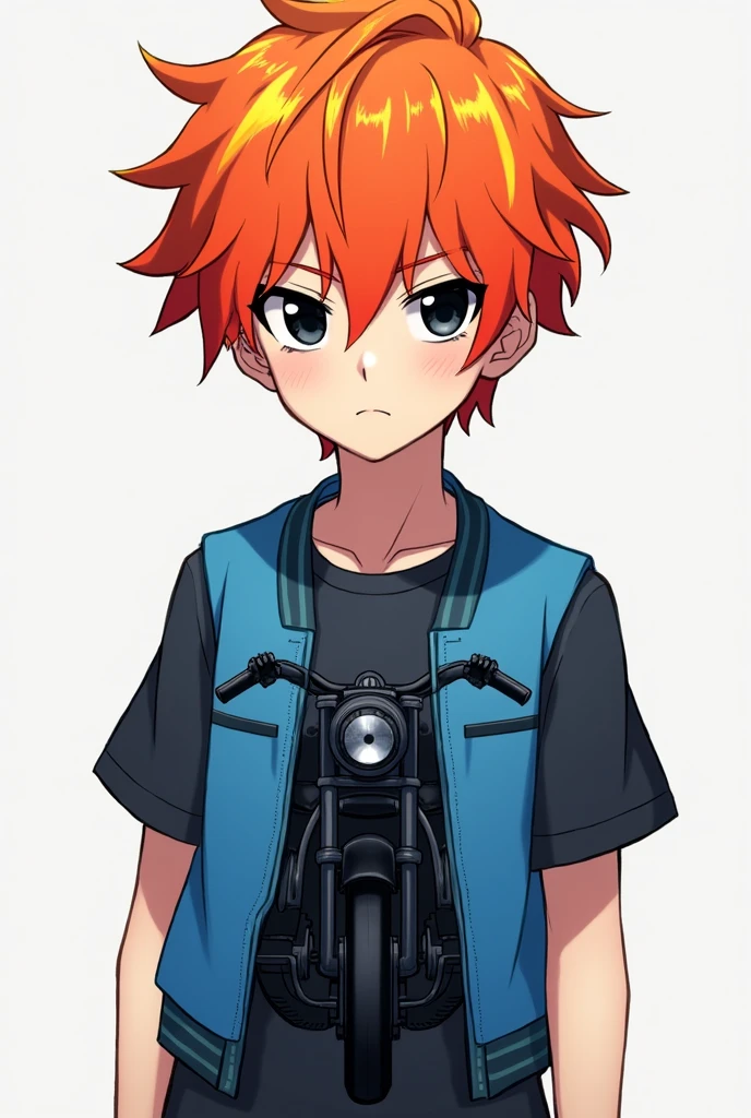 An anime type boy with orange hair with dull yellow and red highlights in his hair and his pale white skin tone with a serious mouth and black eyes wearing a blue short sleeved shirt with a black motorcycle drawing and a vest that covers the simple black shirt.