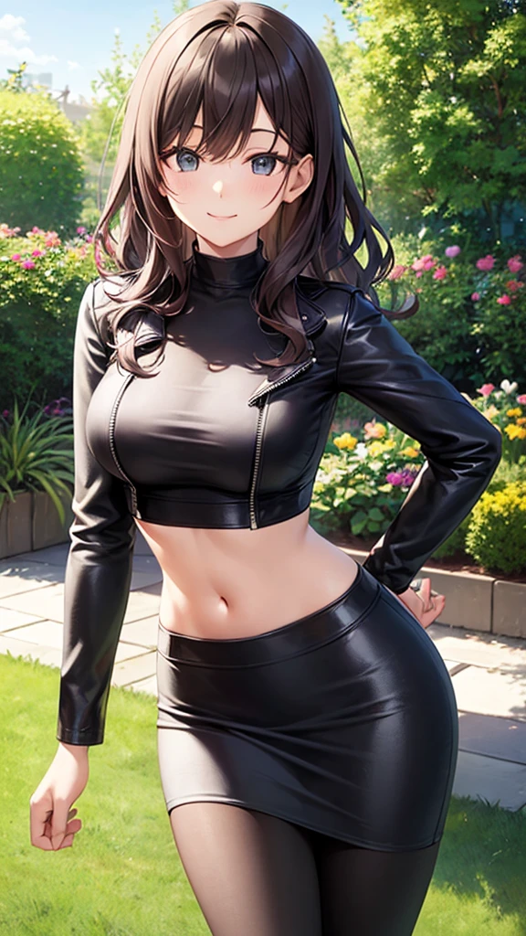 masterpiece, best quality, high detail, beautiful woman, wavy hair, dark brown hair, black leather jacket, crop top, gray maxi pencil skirt, long gray pencil skirt, gray metallic pencil skirt, upper body, hips, hip bones, boots, looking at viewer, light smile, garden, backyard,
