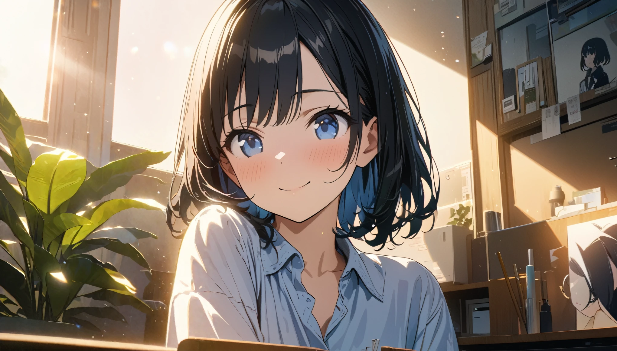 ((ultra-detailed))/three women: (one women with short black hair and bob hair.、beautiful blue eyes,.、smile、gentle smile on her face、flat chest, one Beautiful girl,((masterpiece, illustration, best quality) ((ultra-detailed))/),a girl studying in herbedroom with her office space during day time and have some plants in the background,濃い青とBeautiful Blueのグラデーション, High resolution, 8K HD detail, hyper-detail, cinematic, surrealism, soft light, deep field focus bokeh, ray tracing and surrealism. --v6
