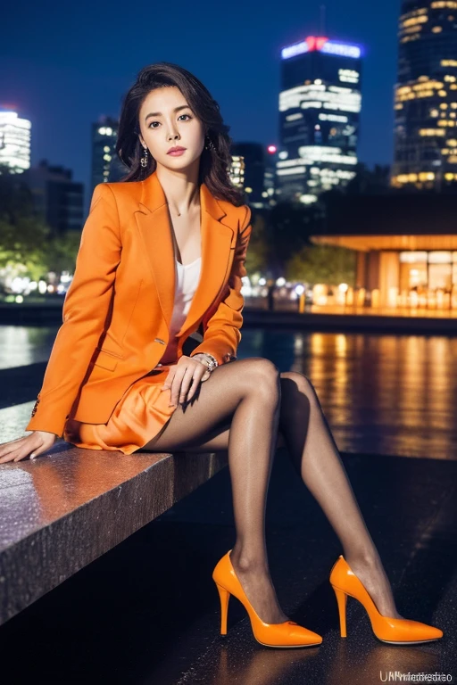 ((Highest quality、Ultra-high resolution、masterpiece))、(Full Body Portrait)、Orange blazer、(Business Blouse)、(Long orange skirt:1.3)、(silk pantyhose)、(Sitting with legs together、Her high heels and legs look beautiful)、1 girl、(Perfect Anatomy, Perfect body, Perfect hands, Perfect Face, Perfect Eyes, Accurate, Anatomically correct), Perfectly clear and sharp focus, ((Highest quality、Ultra-high resolution, masterpiece, Ultra-realistic))、Mid-chest、Modern architecture at night on the background、Professional Lighting
