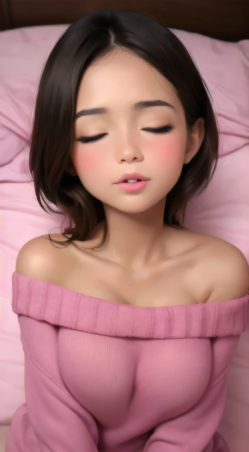 Sexy woman, eyes closed, mouth open, very deep blush, tip of the nose is red, long neck, off shoulder pink sweater, medium chest, visible cleavage, bedroom, warm lighting , lying on bed, head on pillow, facing up 