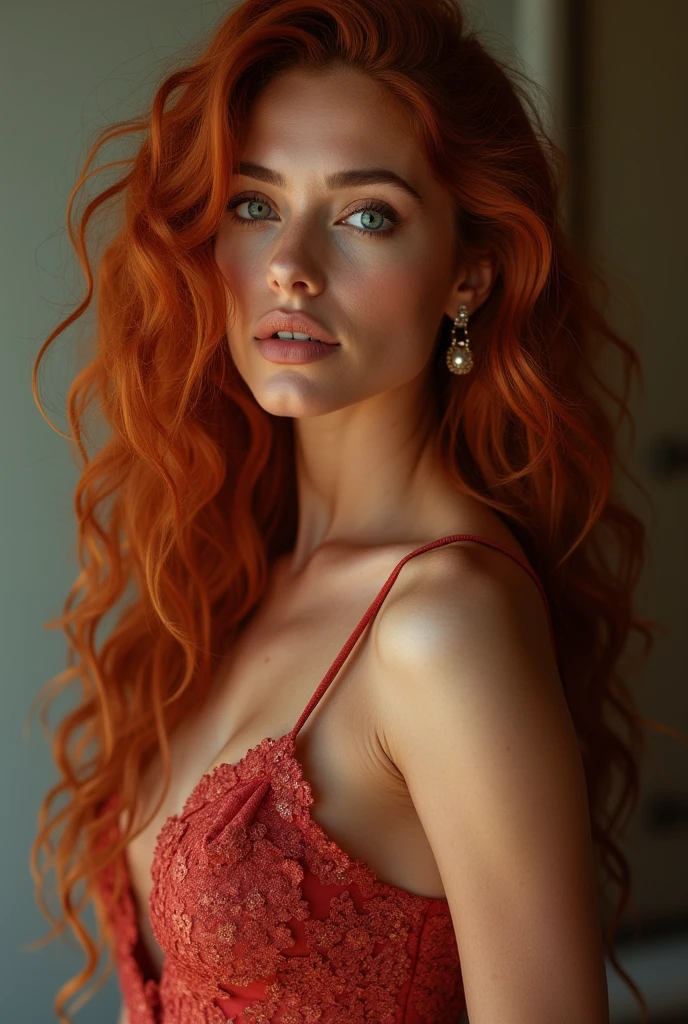 (Realistic photo of a beautiful woman, full body picture, legs, 35 years old, grey eyes, full full lips, red hair, long curly hair, curls, tanned skin, jewellery, realistic, soft lighting, professional photography, photorealistic, detailed, RAW, sharp focus, ultra-high resolution, best quality, masterpiece, (best quality, high-resolution, ultra-detailed:1. 2), HDR, bright colours, curvy, sexy, earrings, evening gown, standing, long legs
