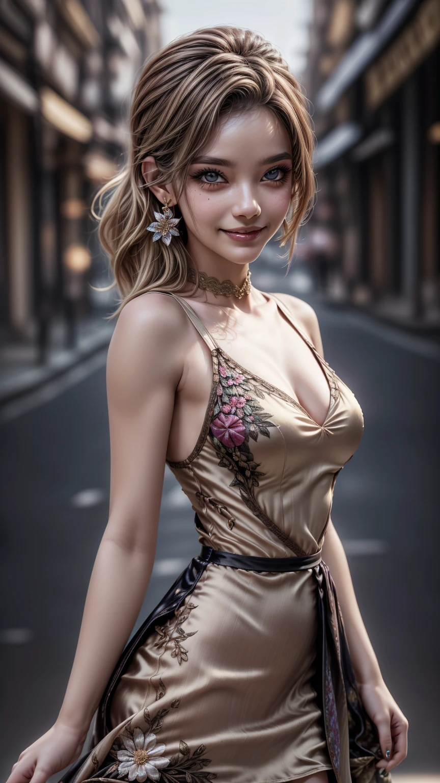 (Photorealistic realism 16K quality), ((ultra insanel quality 16K, professional digital art:1.2)), ((focus sharp on extremely Realistic Proportion Body, Anatomically Correct:1.2)), Beautiful Girl, Half Body Portrait, Black Eye Shadow, ((Street Style Wear:1.35) )), (city background:1.25), finer details, intricate, beautiful details glow, (super details beautiful, slim and sharp features), (bright pale complexion). break, (insanely detailed brown_ eyes:1.34), (tired, sleepy and satisfied:0.0), perfect round eyes, (finely detailed pupils:1.3), detailed, ((smiling, joyful face)), (perfect composition), Depth of field, cinematic light, Lens flare, dslr, best high quality soft lighting, sharp focus captured by Fujifilm XT3, f 5.6, in a dramatic lighting, ((Best Quality)) ,((masterpiece)), intricate details, dry skin, best high quality real texture skin, (A woman with velvety skin:1.3), (best high quality real texture hair), (blonde hair(wavy combed up, behind the ear:1.22)), (firm big full breasts), (slim muscled body), she is the embodiment of beauty and allure, ((Dressed in a breath taking, silk Dolce & Gabbana.Floral dress:1.3)), elegant fashion intricately detailed:1.28), floral couture, (clothes made of silk and flower:1.3), 3/5 long, (closeup to her face)