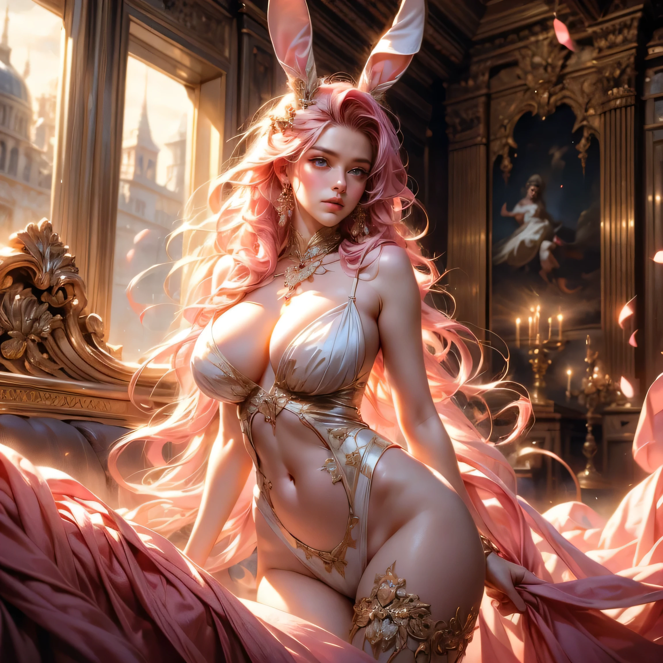 Best Quality, masterpiece, realist, meticulous detail, A beautiful and ethereal woman in an ethereal sky.., big chest, very long legs, big hips, surprising, sexy, happy, ray tracing, pink hair, (rabbit ears)
