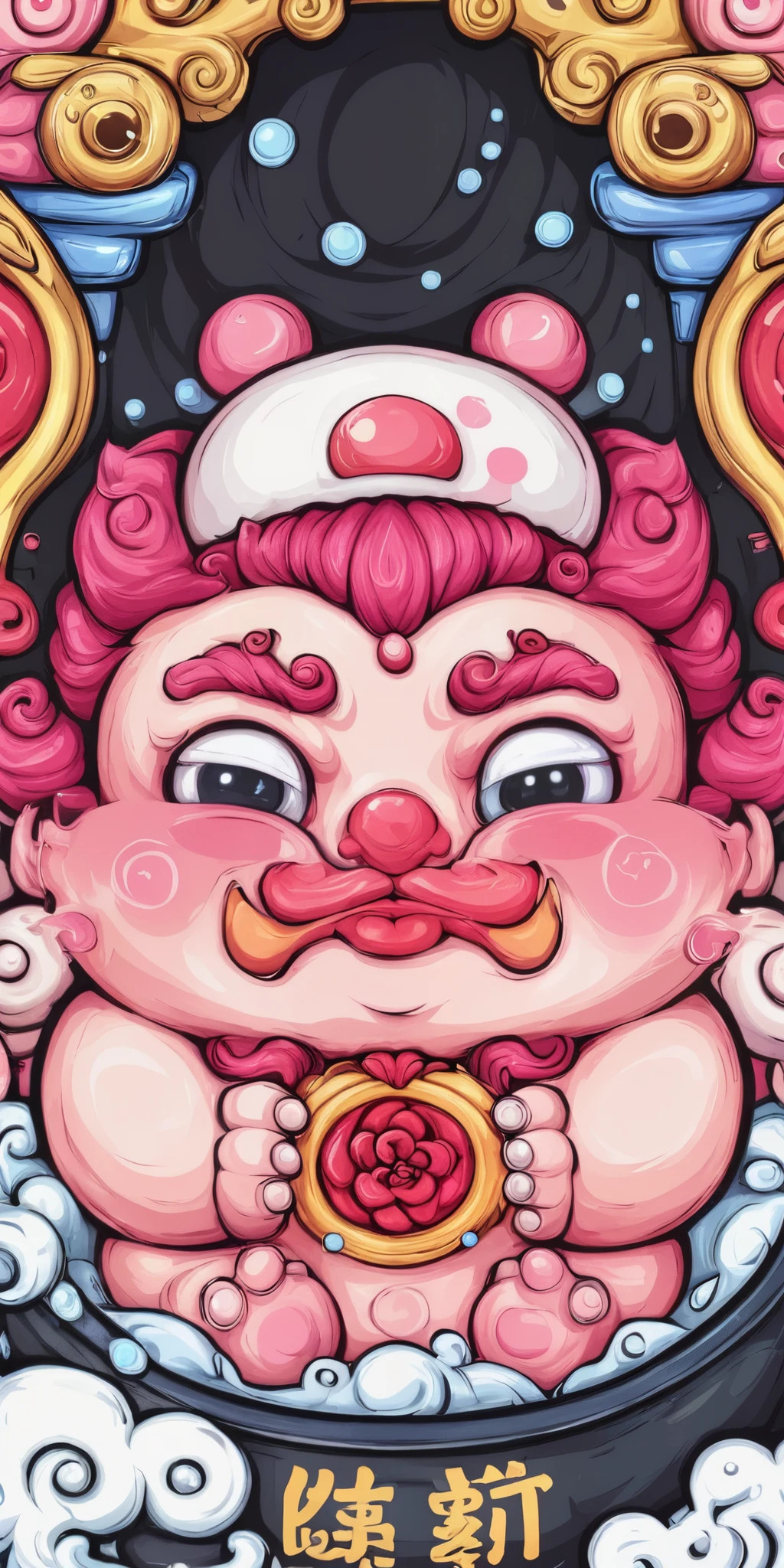 d0ng, vector art design inspired by [,Cute MONI Character Mascot,Pink,] 1 character, Shy face with bulging veins on the body, Perfect composition, The character should be in the center of the image, Has a shape similar to a penis, Lying in a bathtub, Traditional Japanese art patterns such as roses, lipstick marks, clouds, smoke, and gold, pink, and red colors are placed on the background, Blends well with an aesthetic filled with eye-catching elements such as bubbles, condoms, Simple details, Black background stickers,