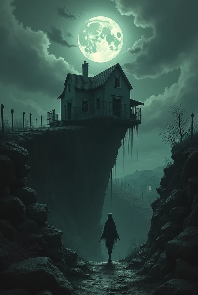 "A dark, distorted landscape where the laws of reality seem to break down. A twisted, crumbling house stands at the edge of a bottomless abyss, with stairs leading nowhere and doors opening to pitch-black voids. The sky is a swirling mass of ominous storm clouds, but instead of rain, it drips with thick, black ink. Shadowy, half-formed figures with too many eyes and elongated limbs emerge from the walls, their expressions frozen in silent screams. In the distance, a grotesque, misshapen moon looms, casting an eerie, sickly light that warps everything it touches. The overall scene is chaotic and nightmarish, with no clear sense of up or down, leaving the viewer feeling lost and trapped in an endless horror."