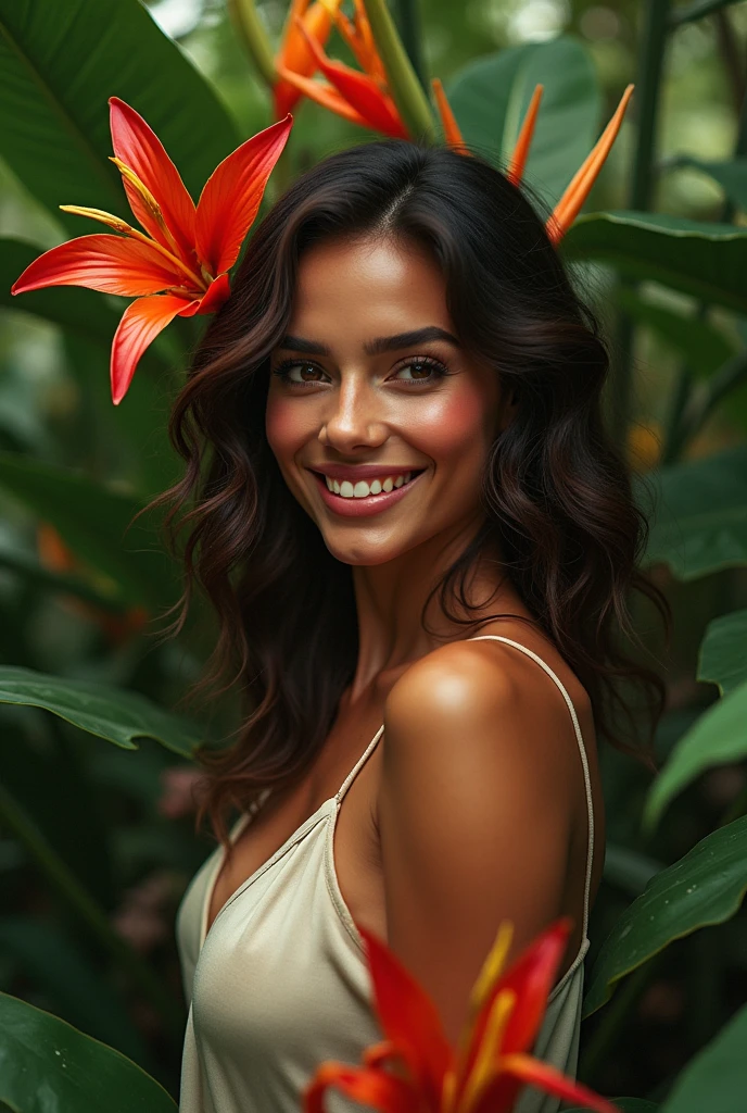 A Brazilian woman in a lush tropical garden, new ,with a close-up capturing the harmonious beauty between her breasts and the natural flowers, showing off your natural charm and outgoing personality.