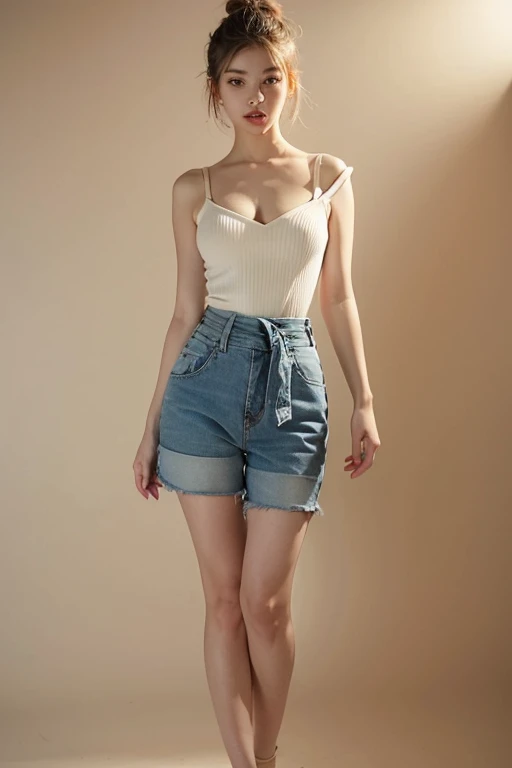 a 33 yo young sensual ultra hot sexy woman, bright blonde bun hair , sensual seductive minimalist short tightly clothes , (full waist fade:1.3), sexy dancer sensual theme, soothing tones, muted colors, high contrast, (realistic natural skin texture, realistic:2.2 , bright gradient light, sharp focus ), upper knees pose , damp ,cleavage